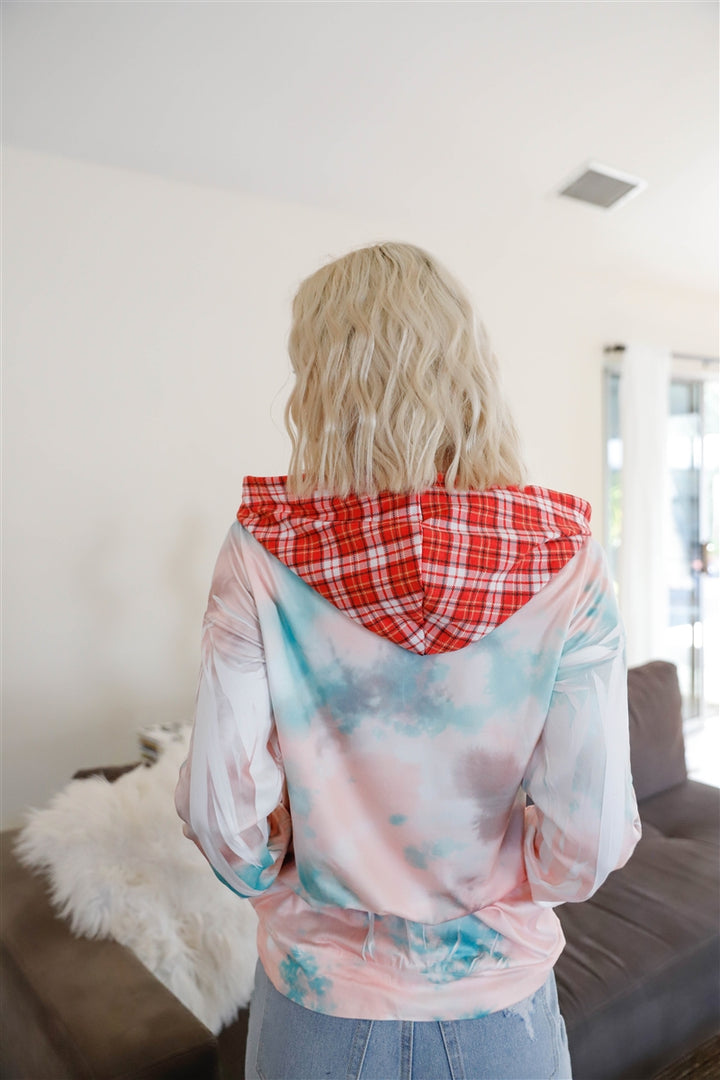 Long Sleeve Feather & Tie-dye Print Contrast Plaid Hood Sweater