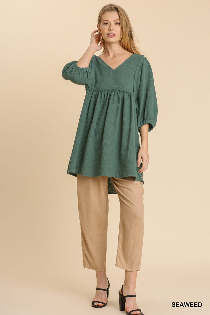 Gauze Slub V-Neck Frayed Edge Detail Tunic Dress in Seaweed