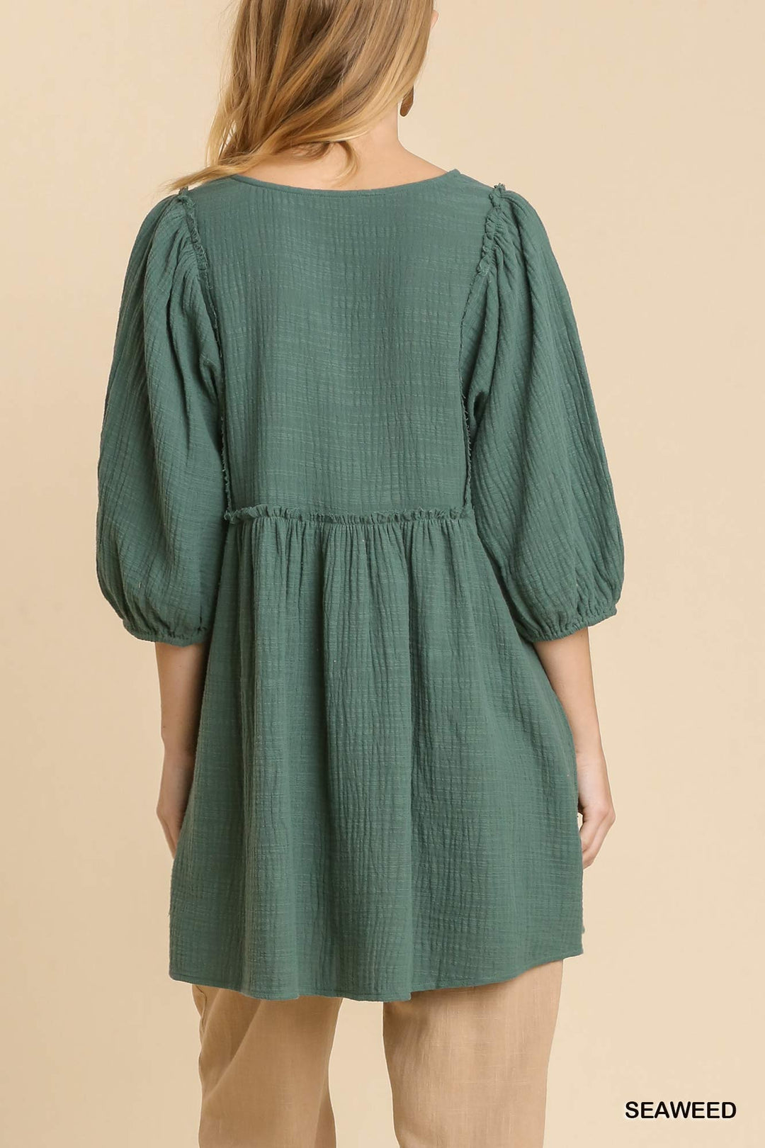 Gauze Slub V-Neck Frayed Edge Detail Tunic Dress in Seaweed