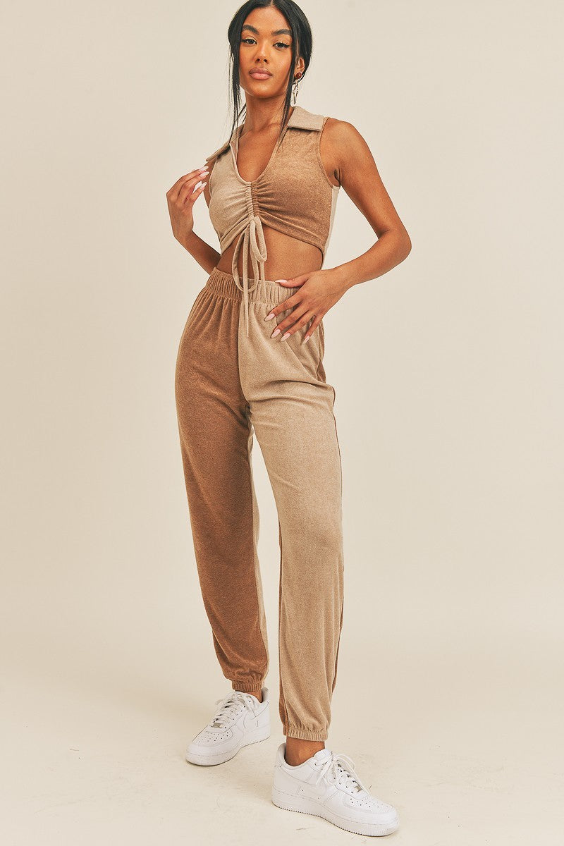 Two-tone Color V-Neck Top and Joggers Set