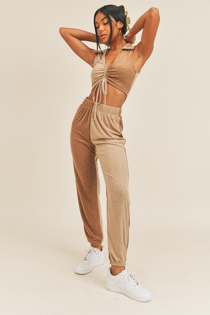 Two-tone Color V-Neck Top and Joggers Set
