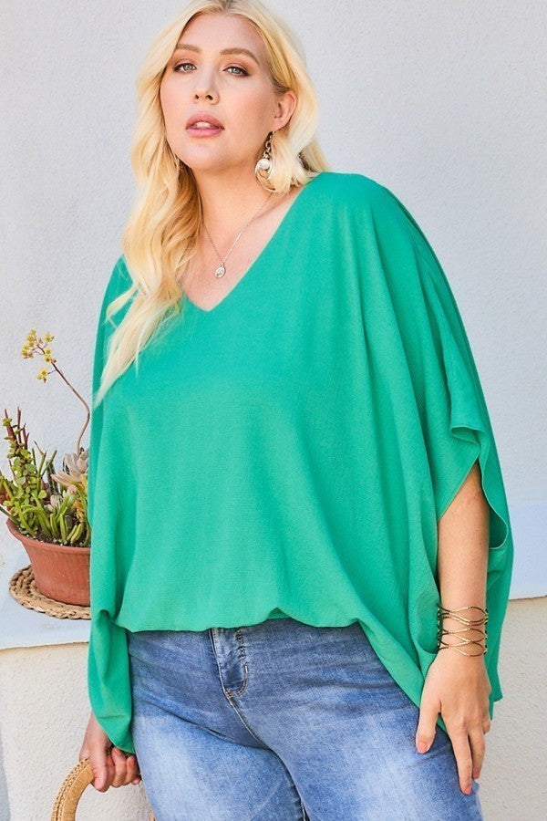 V Neck Dolman Sleeves Front Waist Elastic Solid Top in Jade for Women