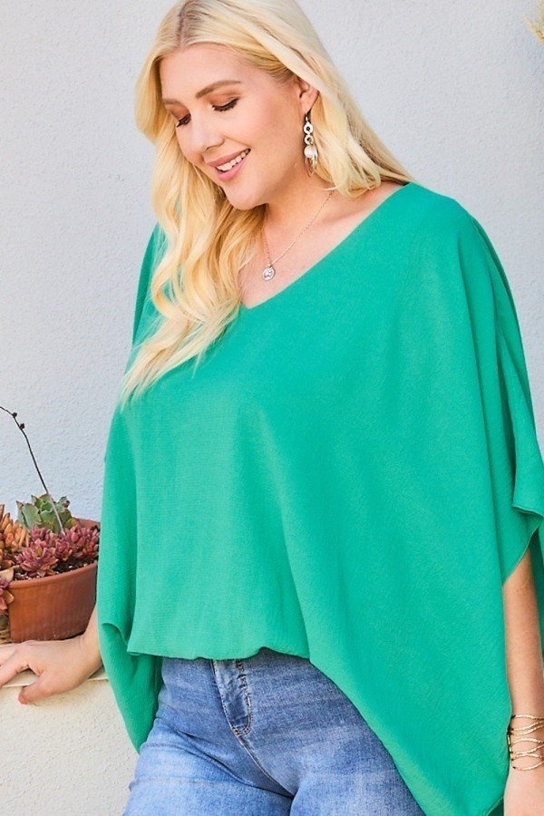V Neck Dolman Sleeves Front Waist Elastic Solid Top in Jade for Women