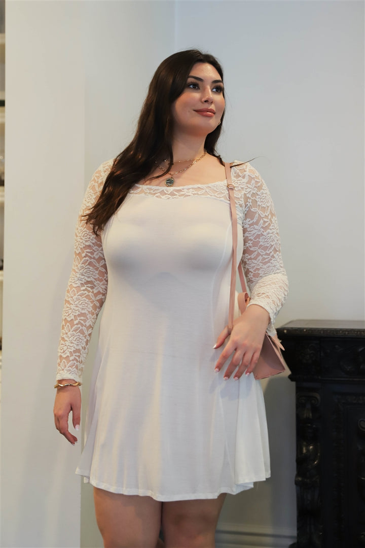 Plus Lace Detail Long Sleeve Mini Dress in Ivory