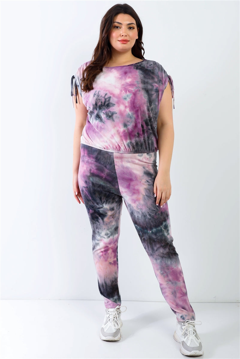 Plus Purple & Black Tie-dye Ruched Shoulder Detail Top & Pants Set for Women