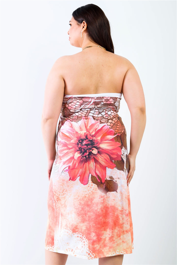 Plus Peach Flower Print Sleeveless Midi Dress in Flower Peach