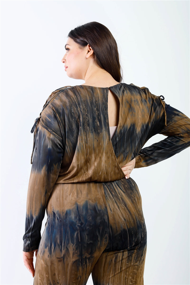 Women Plus Tie-dye Lace Up Shoulder Details Back Wrap Cut-out Jumpsuit in Indigo/Brown