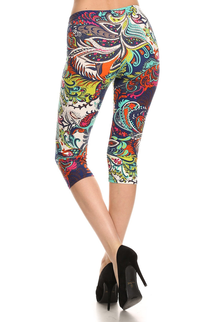 Multi-color Ornate Print Cropped Length Fitted Leggings with High Elastic Waist