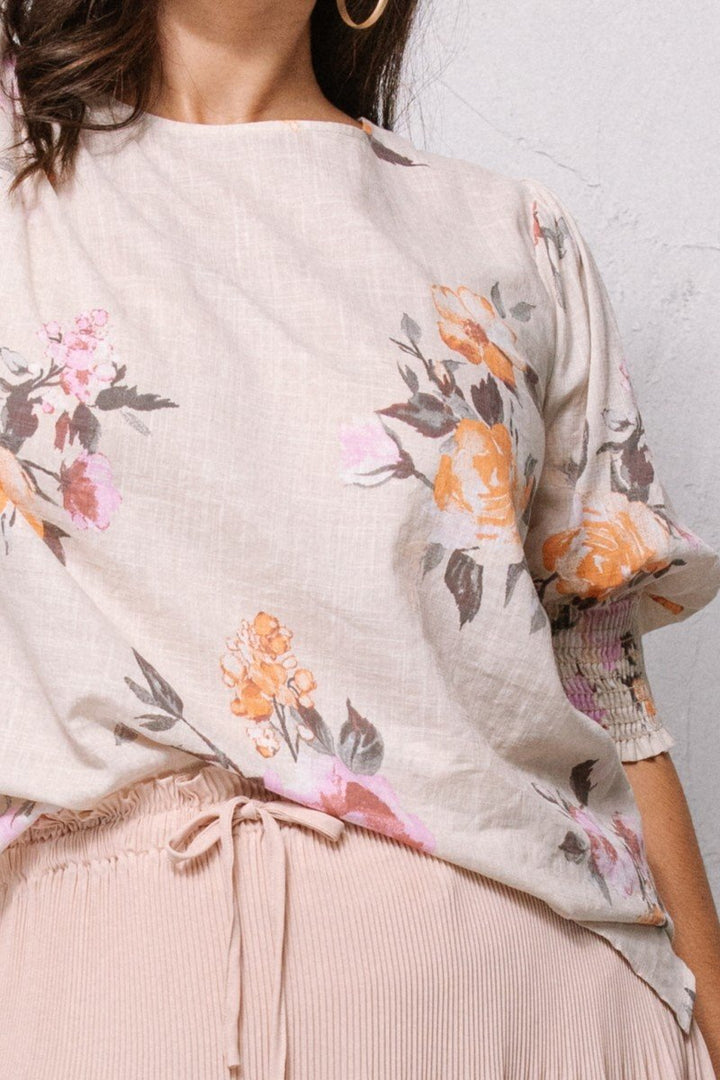 Oatmeal Floral Printed Woven Blouse for Women