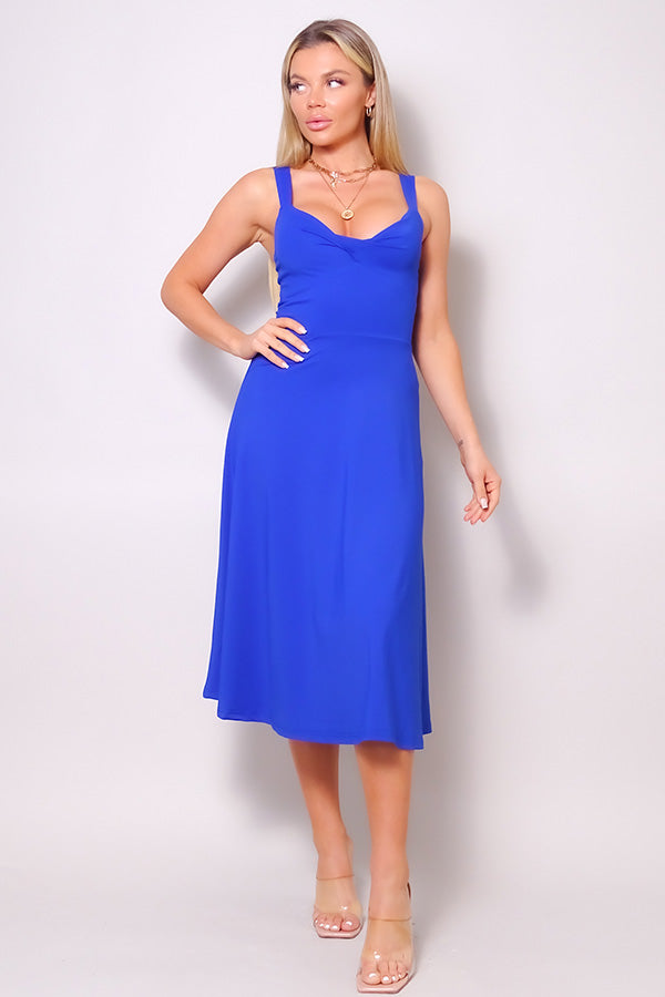Sleeveless Twist Front A Line Midi Dress in Royal Blue