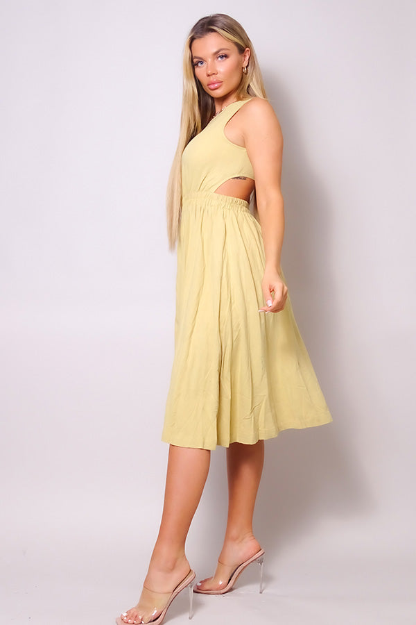 Sleeveless Back Cutout Linen Midi Dress in Canary