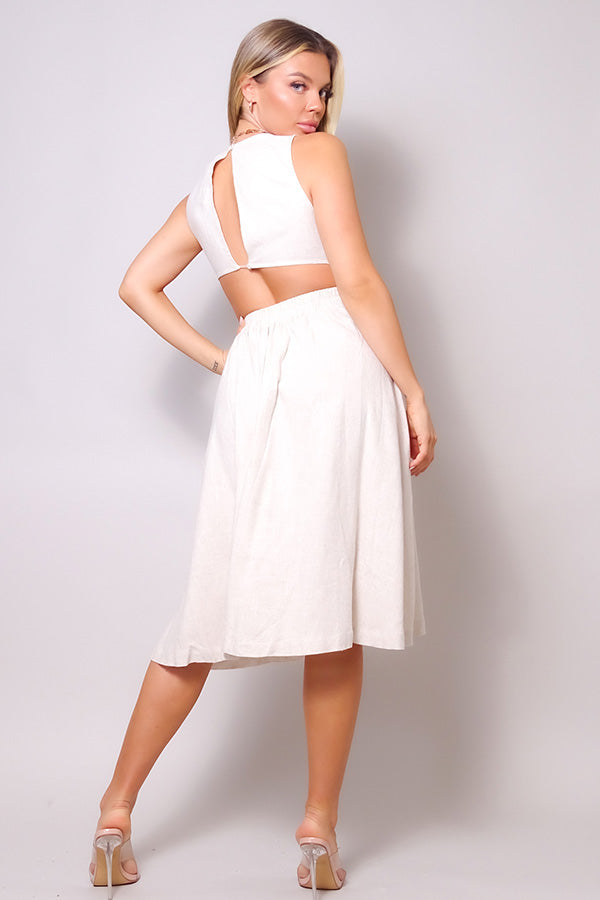 Sleeveless Back Cutout Linen Midi Dress in Heather Pearl