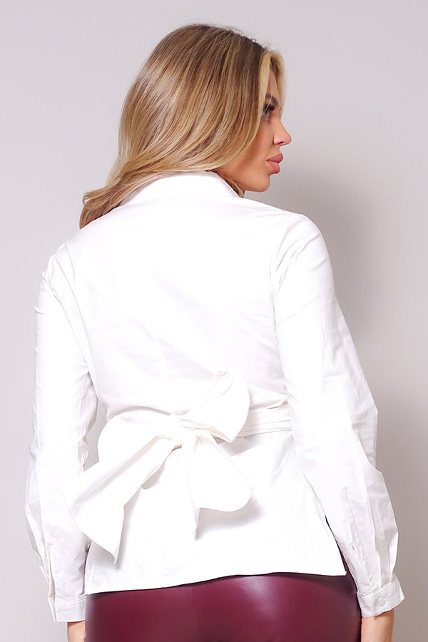 Long Sleeve Crossed Front Back Tie Button Down Cropped Shirt in White