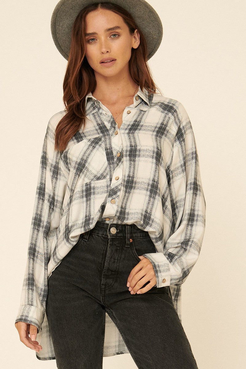 Oversized Loose Fit Plaid Shirt in Grey