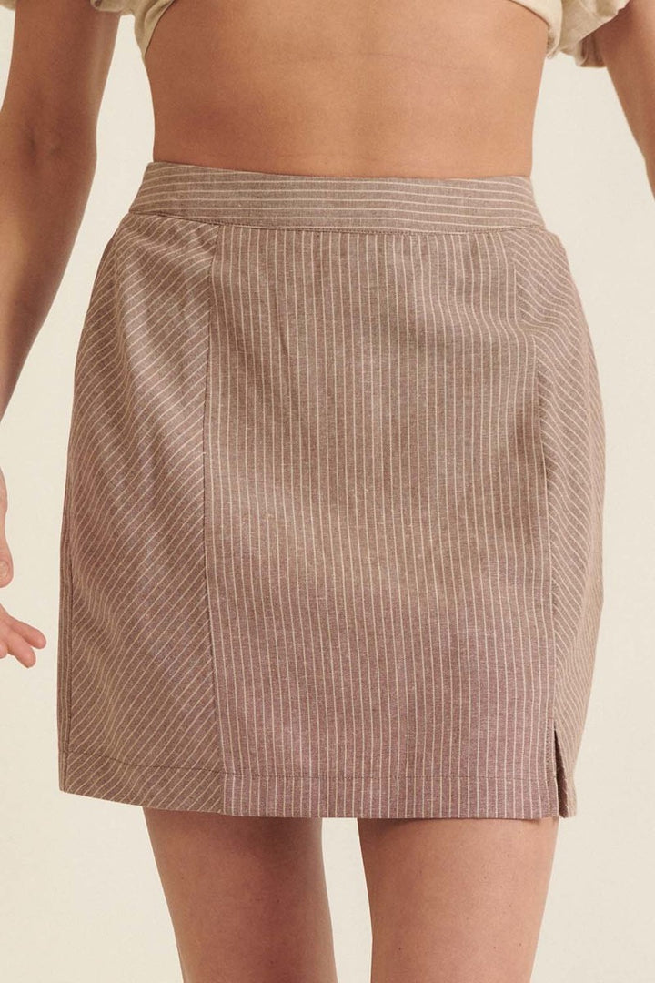 Banded Front Waist Pinstripe Mini Skirt in Chocolate