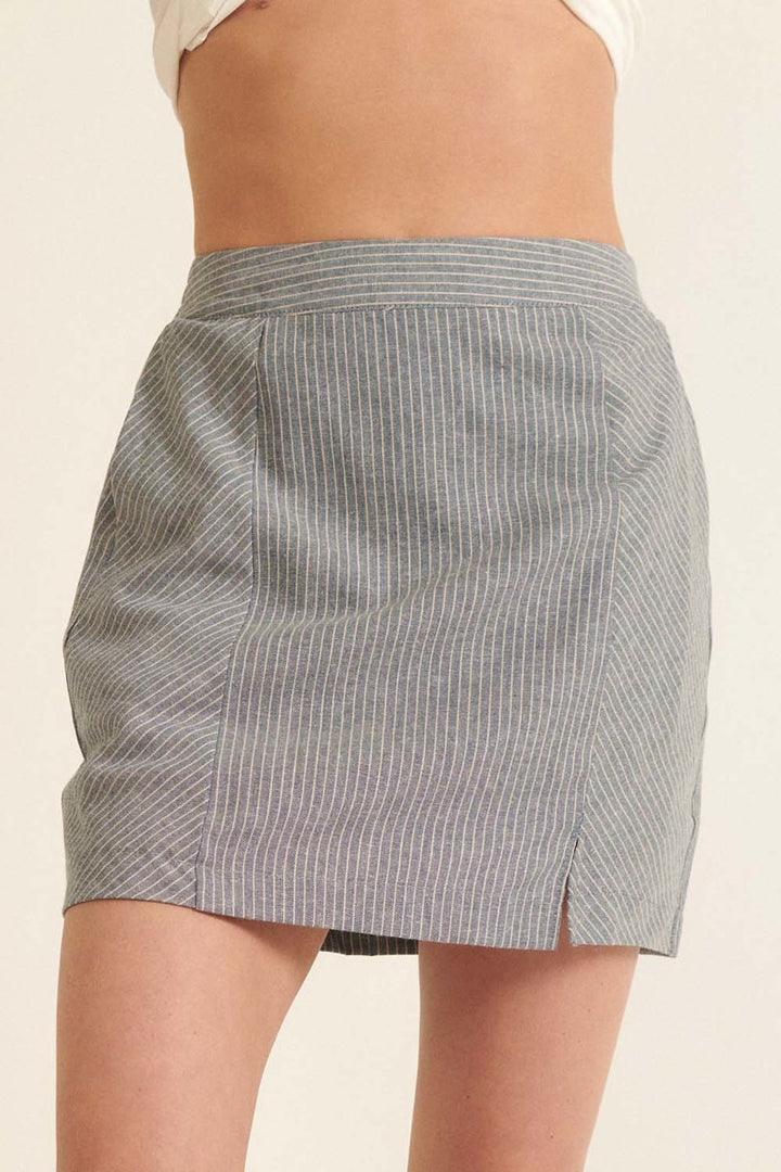 Banded Front Waist Pinstripe Mini Skirt in Denim Blue