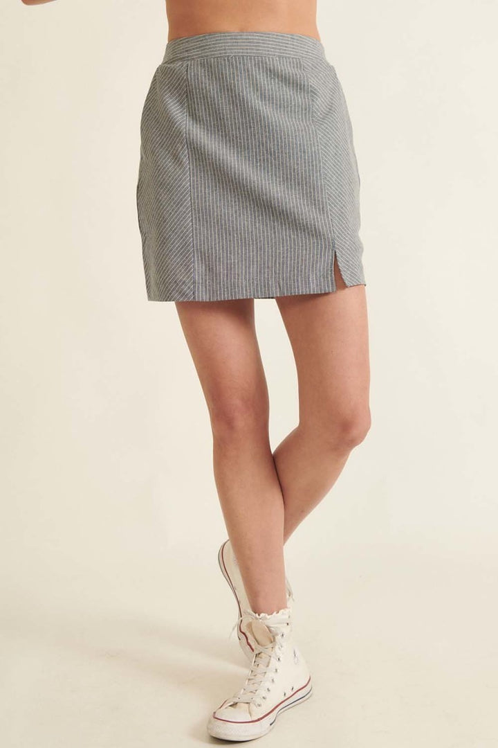 Banded Front Waist Pinstripe Mini Skirt in Denim Blue