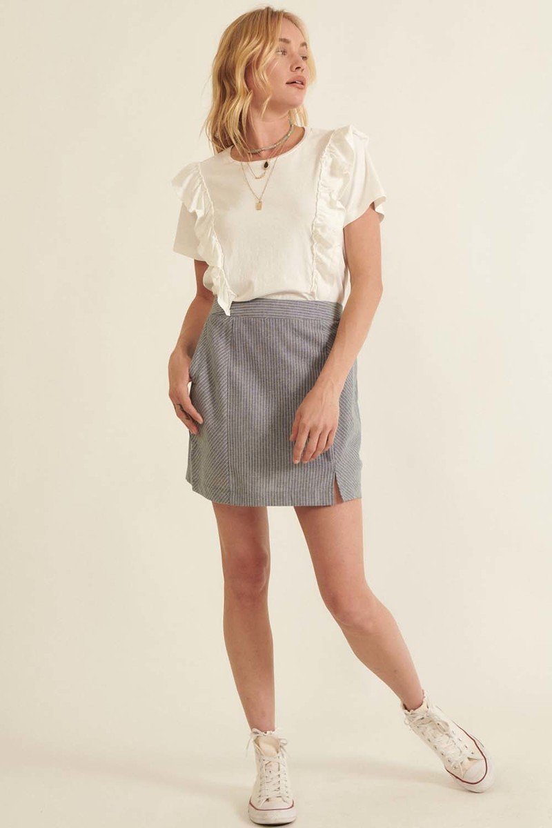 Banded Front Waist Pinstripe Mini Skirt in Denim Blue