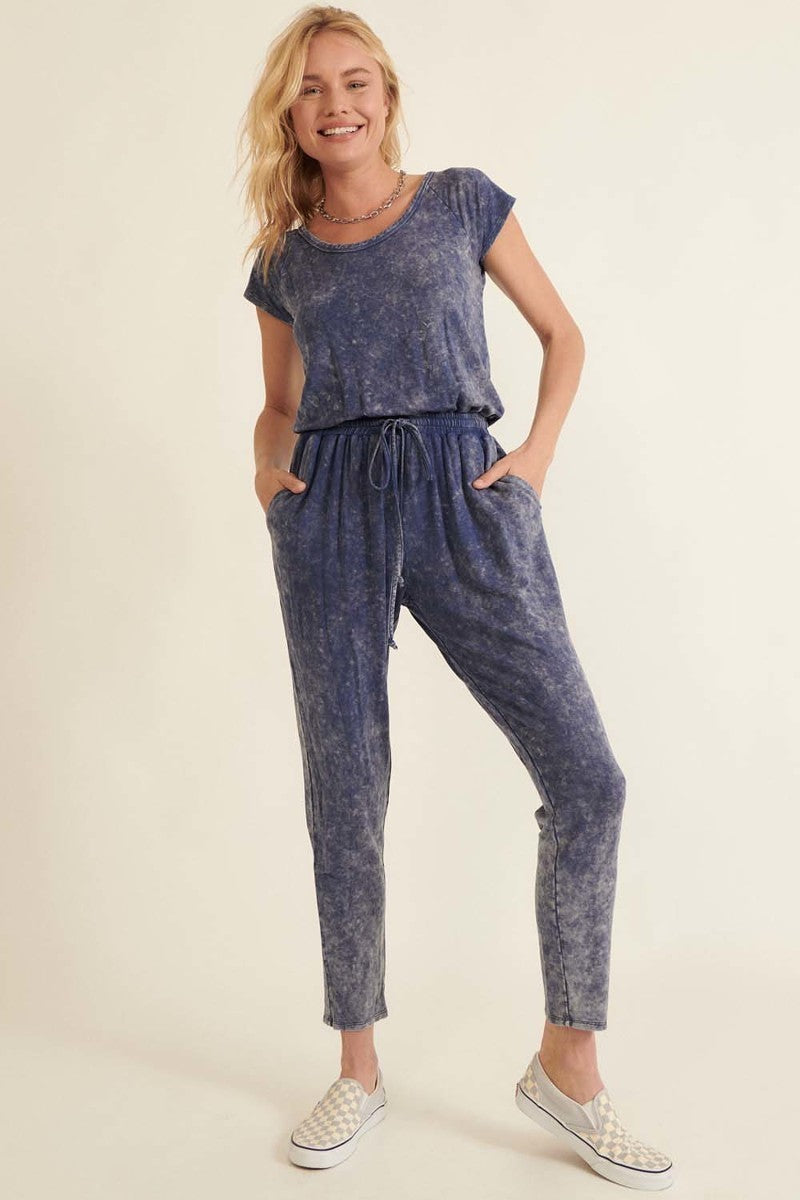 Mineral Washed Finish Knit Jumpsuit in Denim Blue