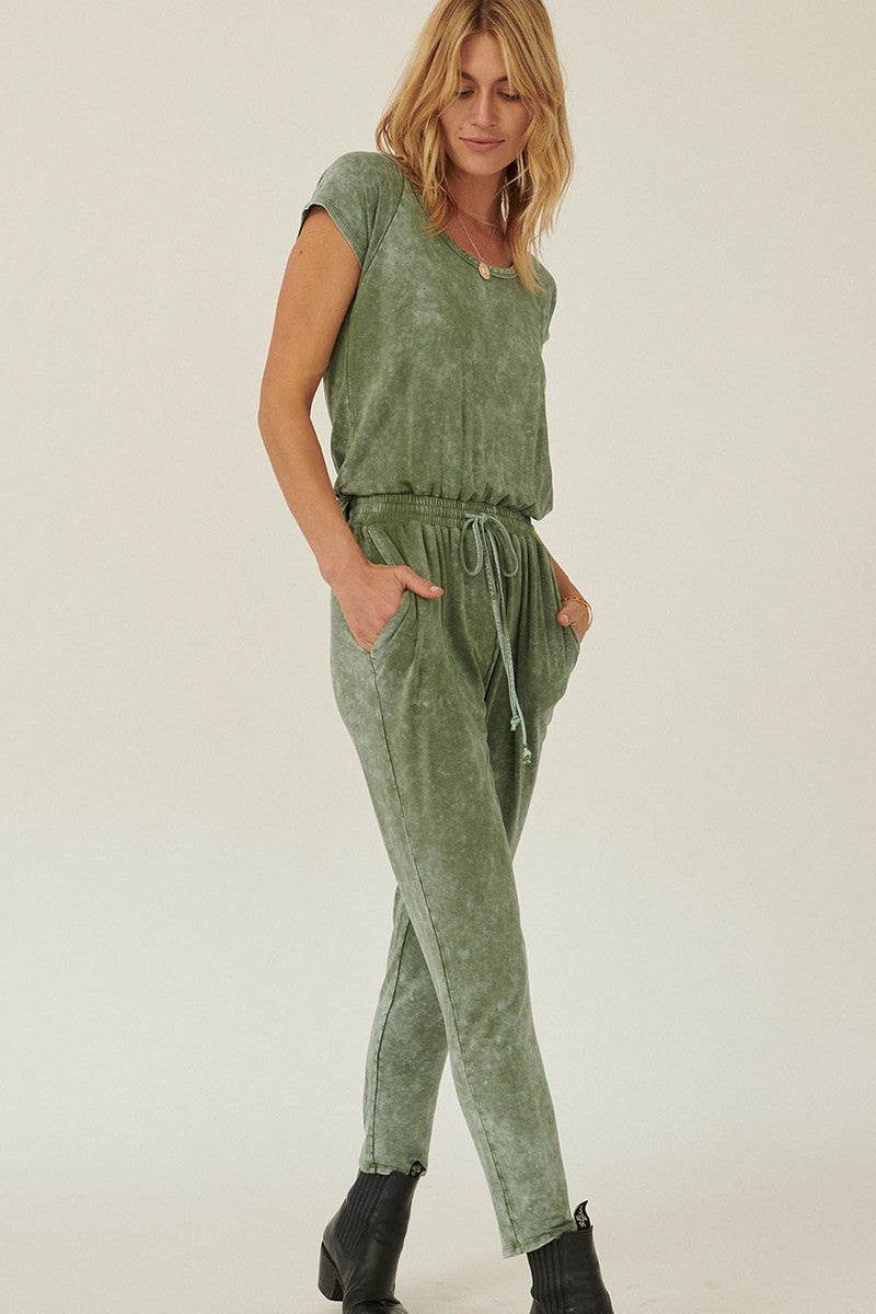 Mineral Washed Finish Knit Jumpsuit in Olive
