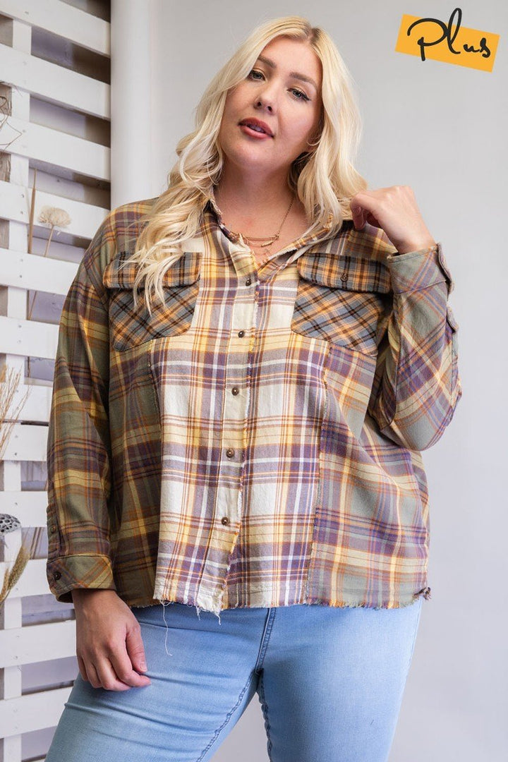 Faded Olive Plaid Mix Button Down Shirt for Women