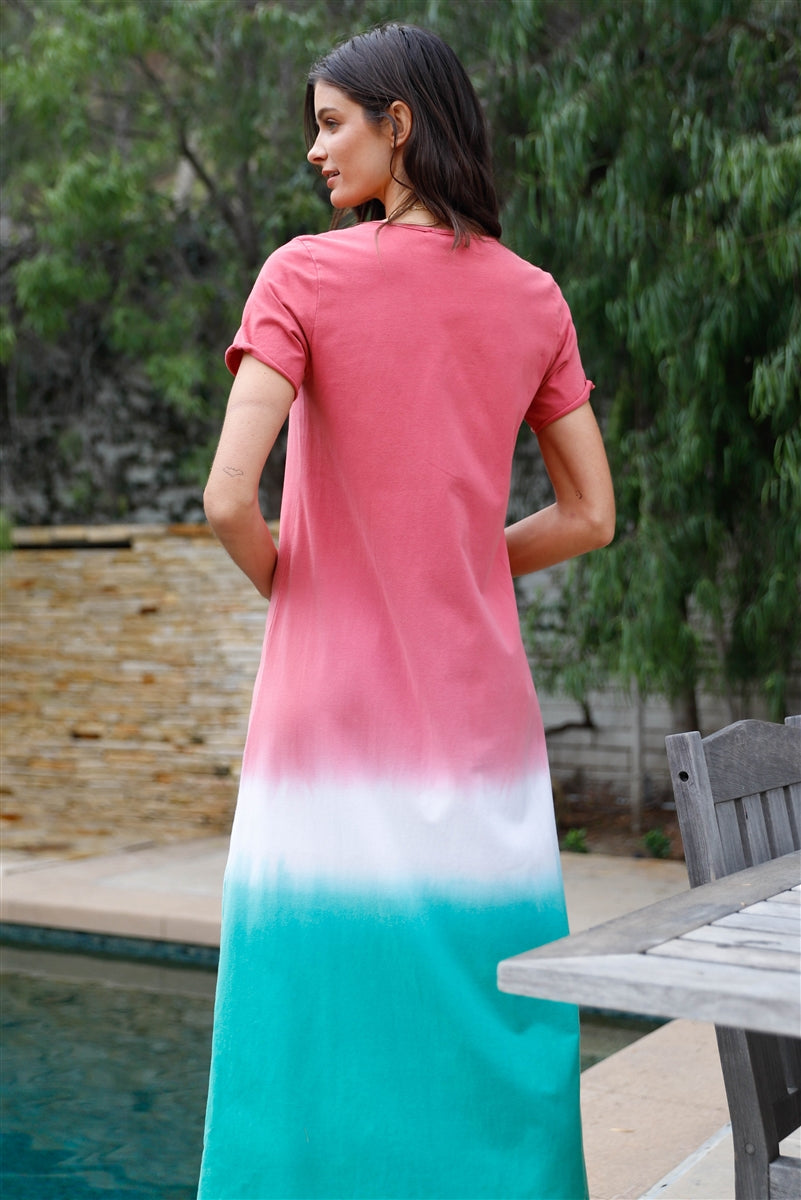 Brick Multi Color Cotton Tie-dye V-neck Maxi Dress