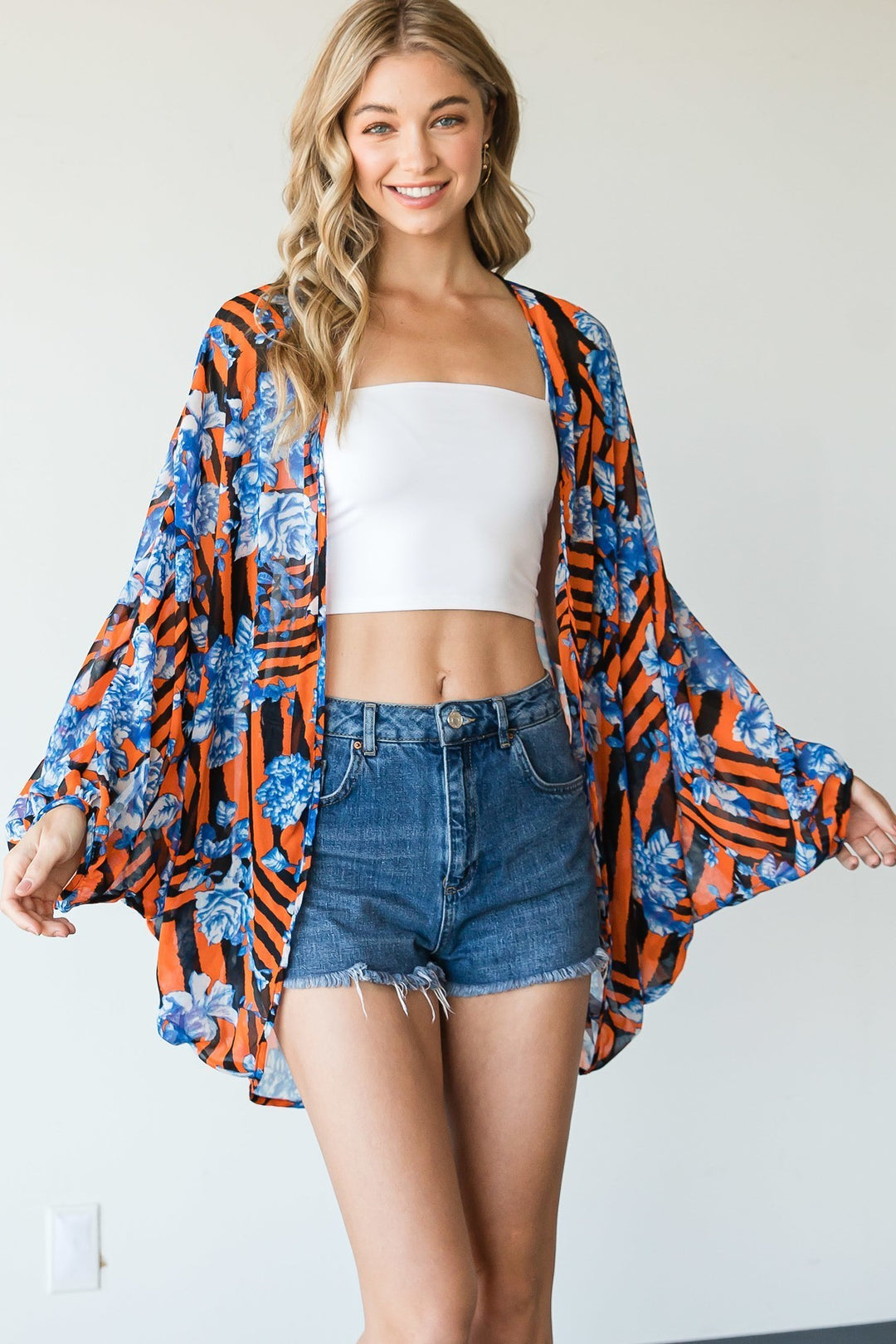 Stripes And Floral Print Lightweight Kimono in Coral
