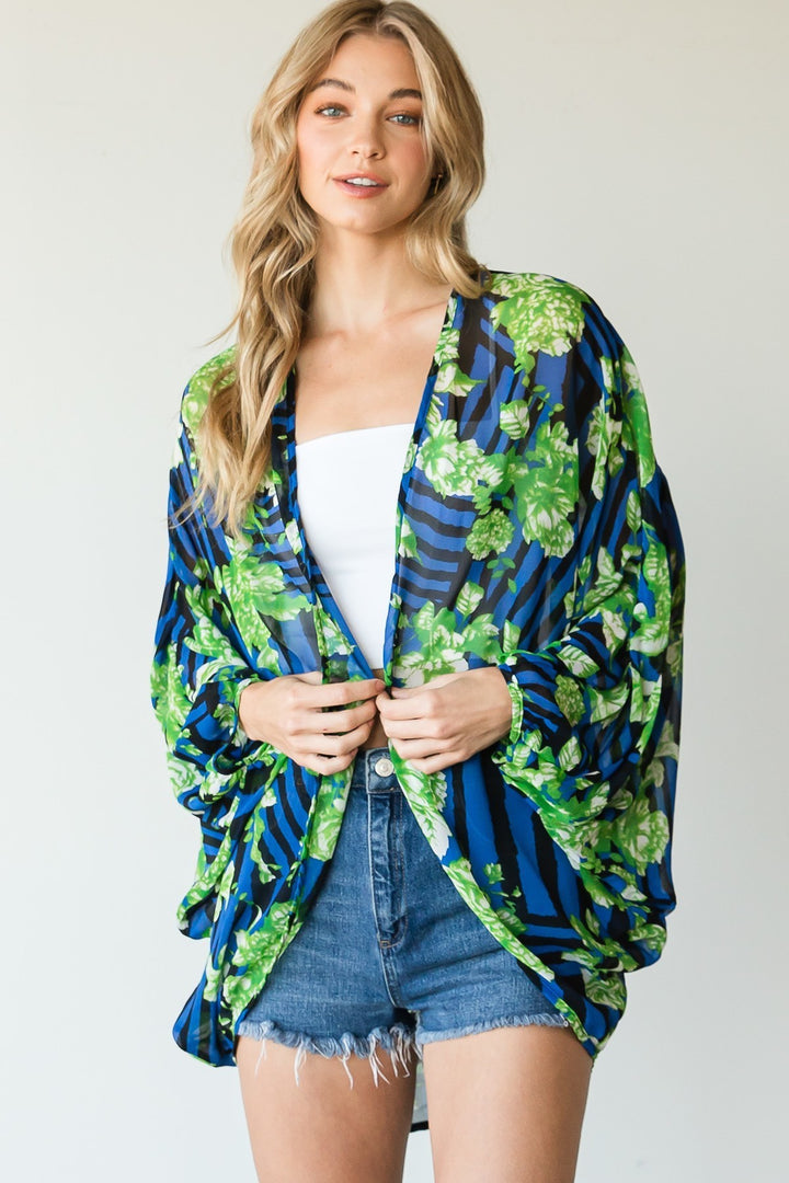 Stripes And Floral Print Lightweight Kimono in Navy