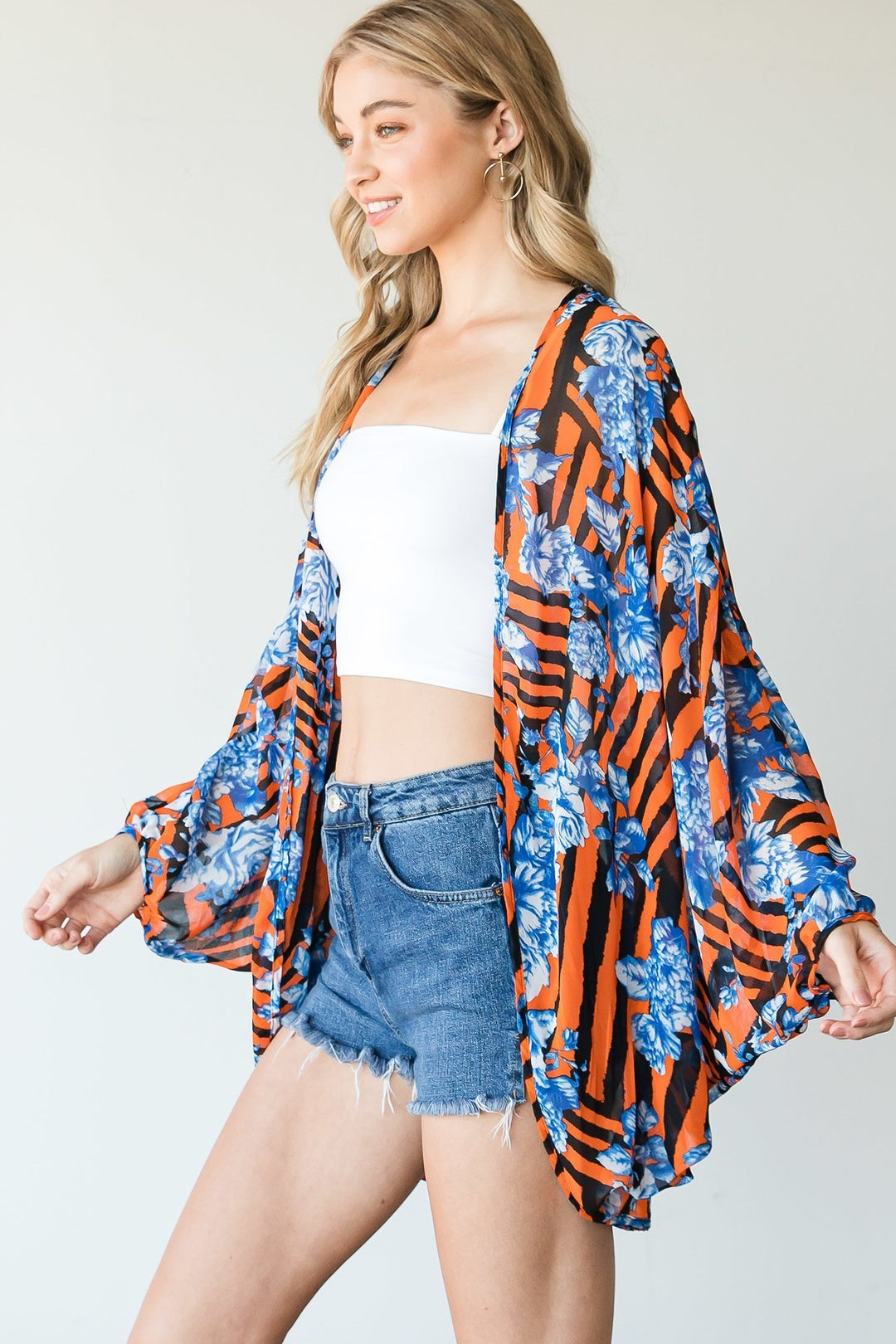 Stripes And Floral Print Lightweight Kimono in Coral