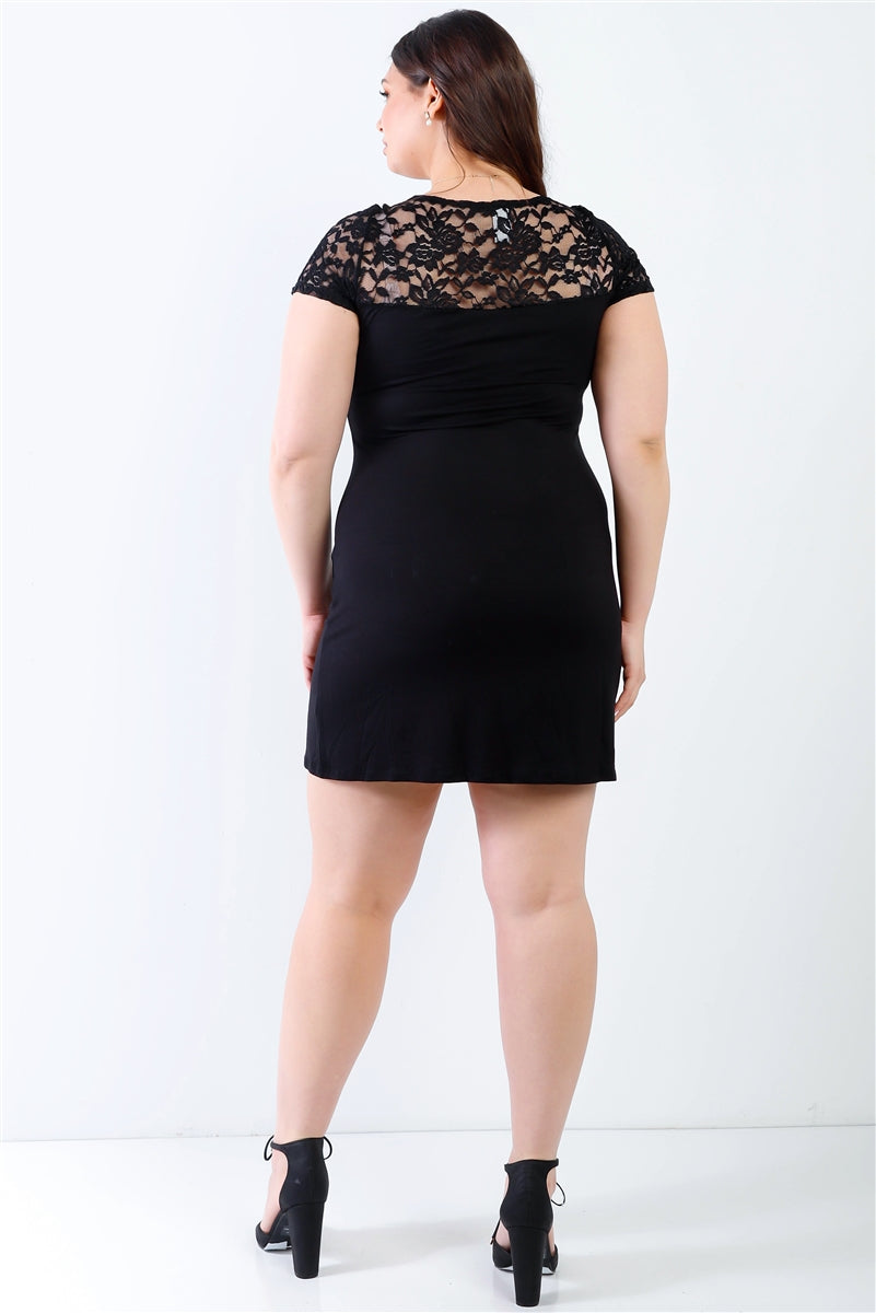 Plus Lace Details Short Sleeve Mini Dress in Black