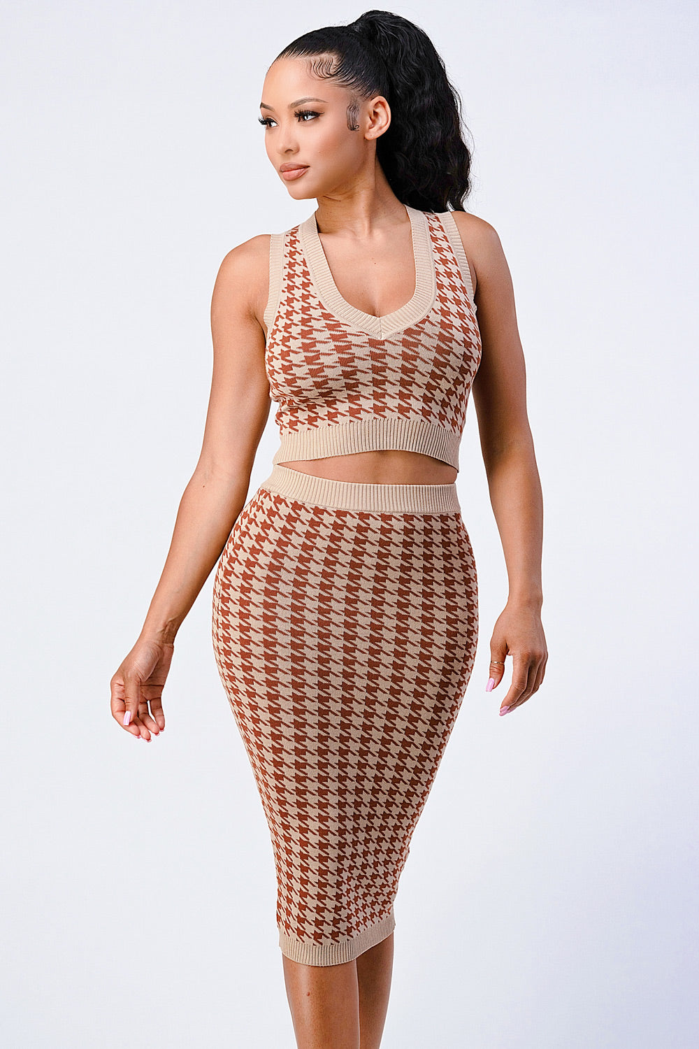 Luxe Gingham Rib Knit Top And Skirt Sets in Taupe/Brown