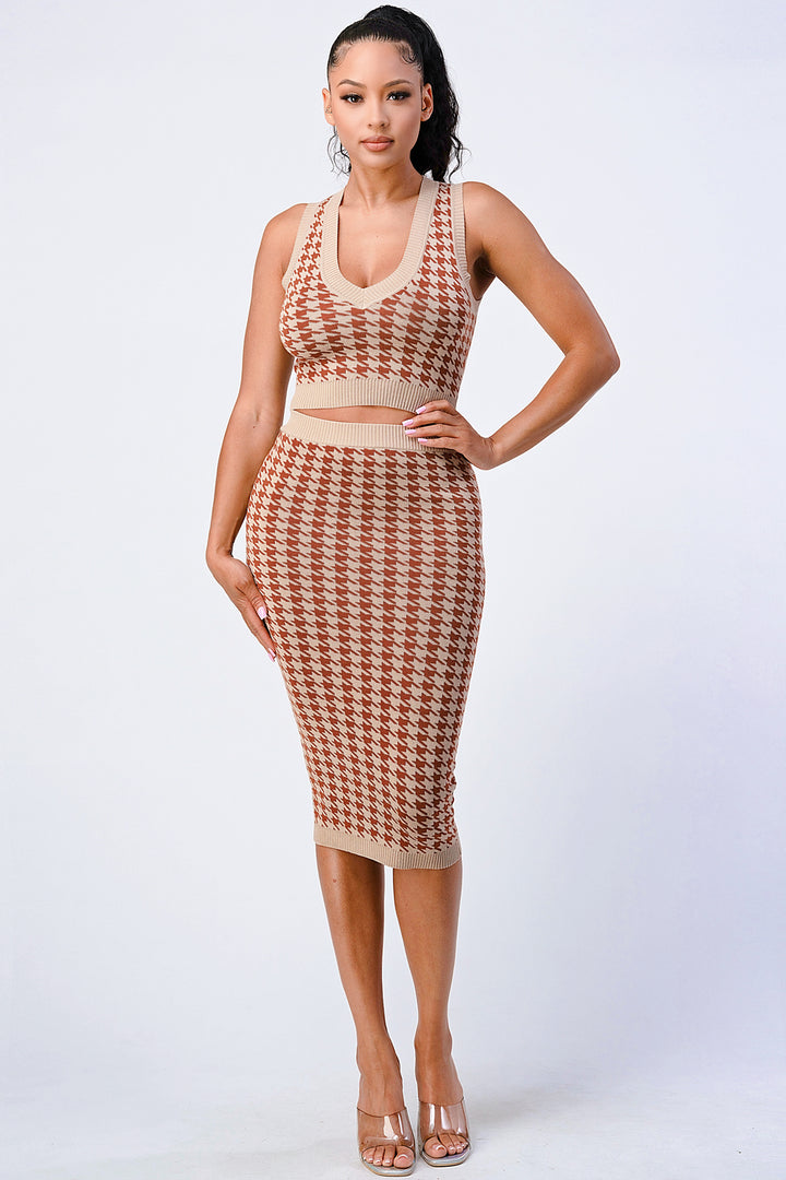 Luxe Gingham Rib Knit Top And Skirt Sets in Taupe/Brown