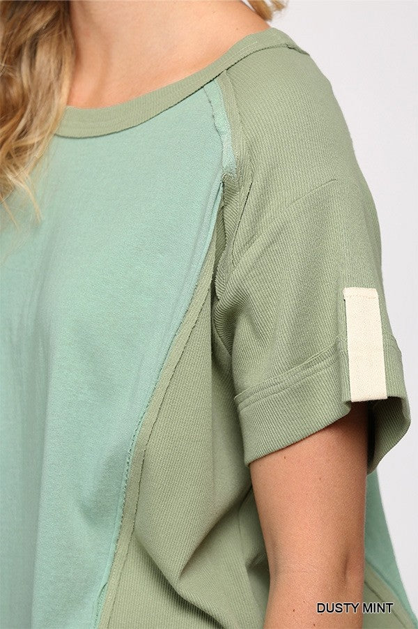 Ribbed And Solid Mixed Raw Edge Top in Dusty Mint