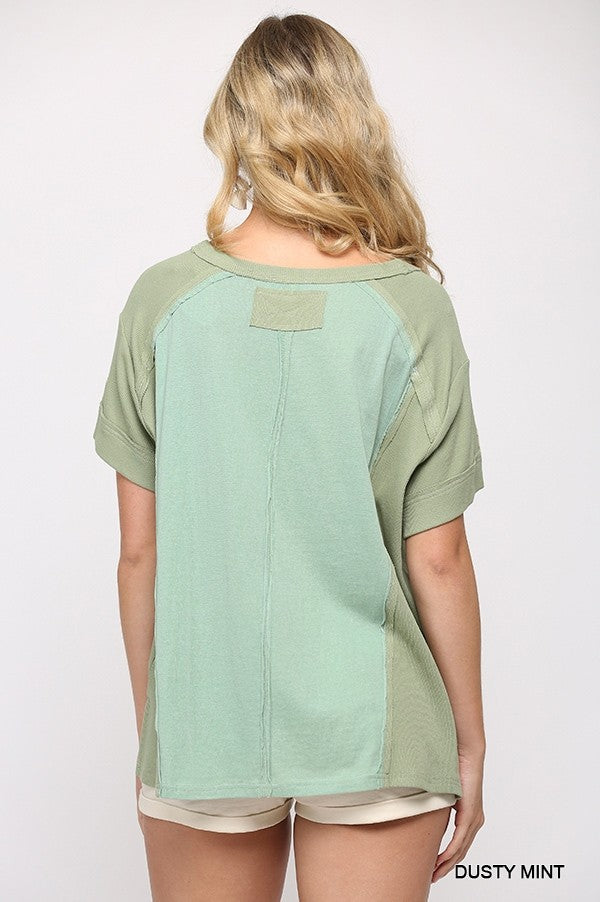 Ribbed And Solid Mixed Raw Edge Top in Dusty Mint