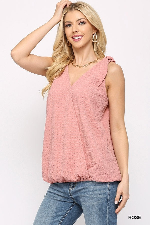 Solid Textured And Sleeveless Surplice Top With Shoulder Tie in Rose