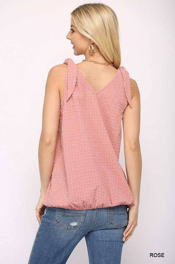 Solid Textured And Sleeveless Surplice Top With Shoulder Tie in Rose