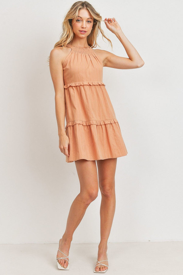 Textured Woven Fabric With Tiered Sleeveless Dress in Blush