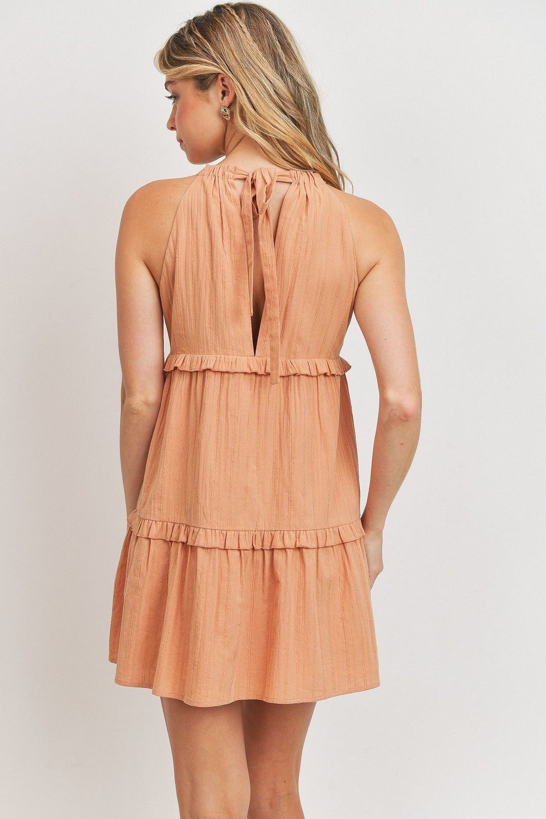Textured Woven Fabric With Tiered Sleeveless Dress in Blush