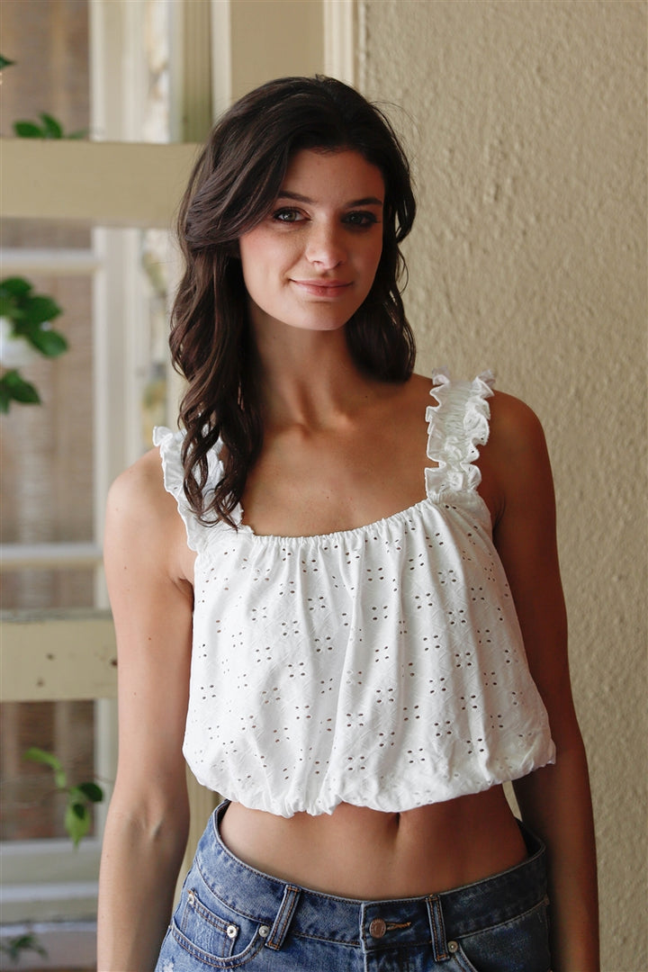 Embroidered Ruffle Trim Strap Sleeveless Crop Top in White