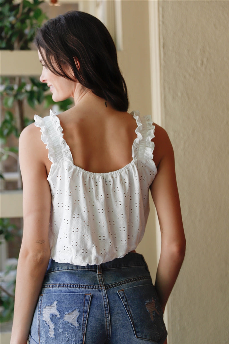 Embroidered Ruffle Trim Strap Sleeveless Crop Top in White