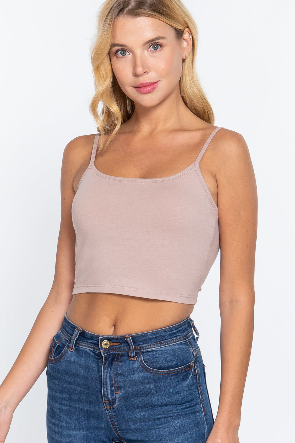 Round Neck with Removable Bra Cup Cotton Spandex Bra Top in Cloud Mauve