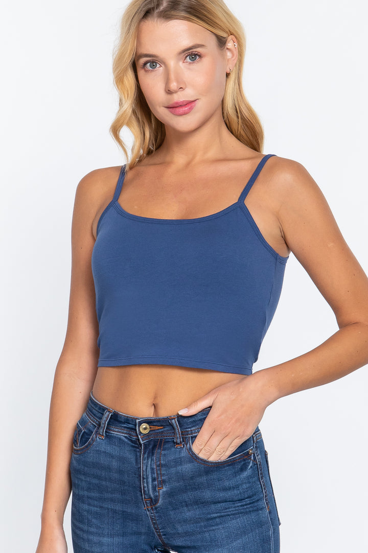 Round Neck with Removable Bra Cup Cotton Spandex Bra Top in Midnight Blue