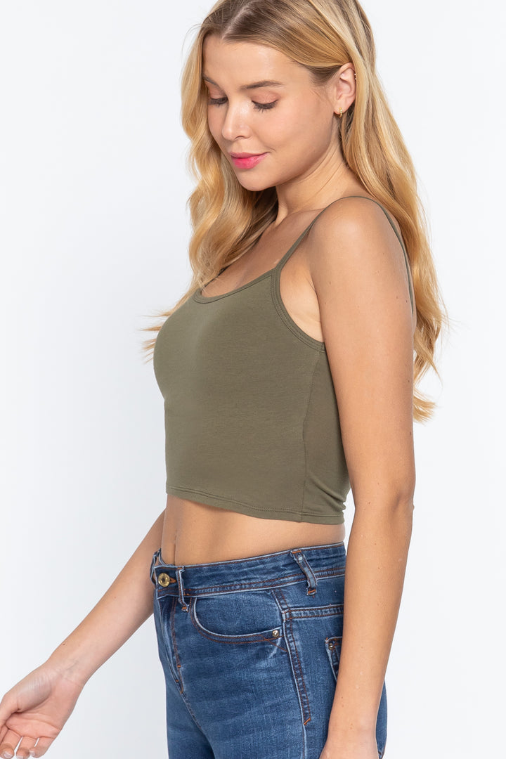 Round Neck with Removable Bra Cup Cotton Spandex Bra Top in Olive Green