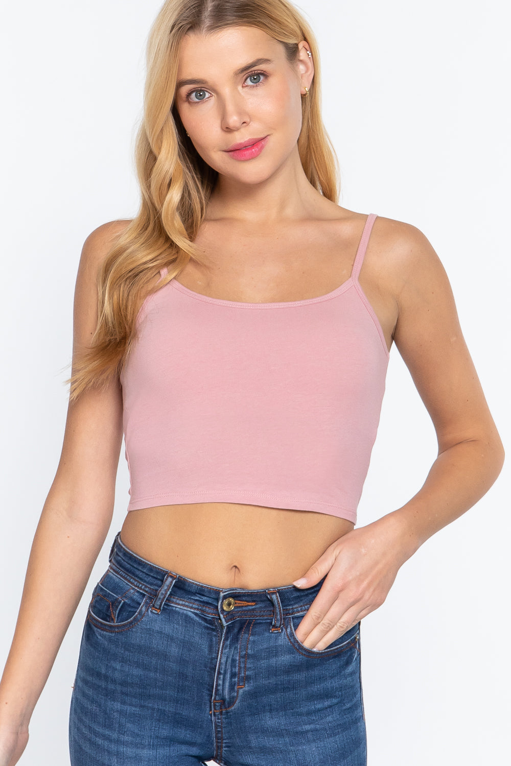 Round Neck with Removable Bra Cup Cotton Spandex Bra Top in Paint Pink