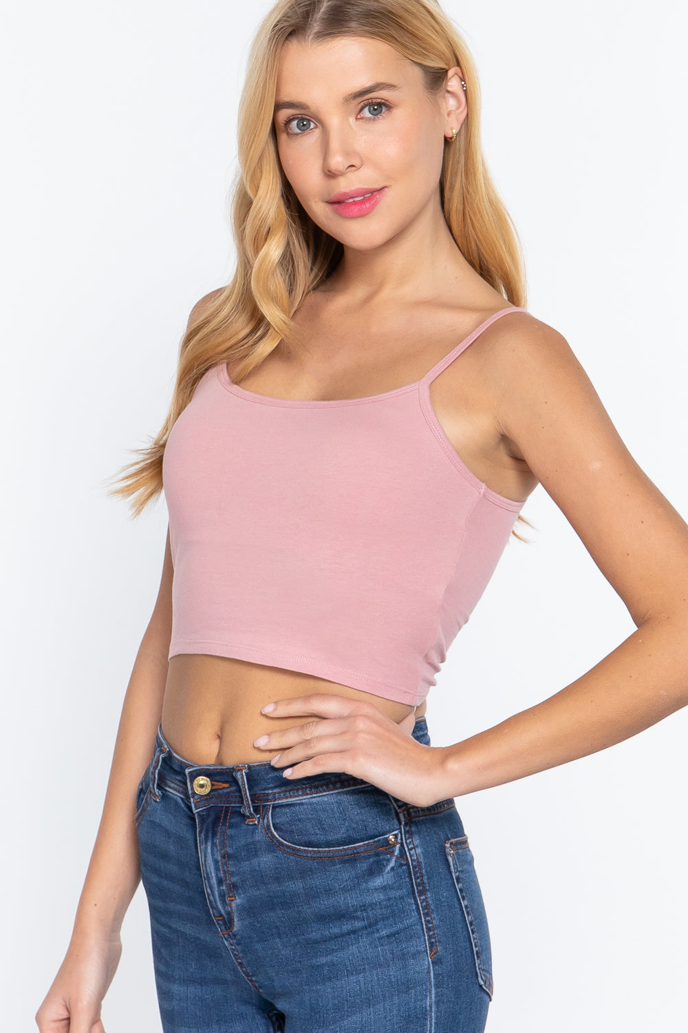 Round Neck with Removable Bra Cup Cotton Spandex Bra Top in Paint Pink