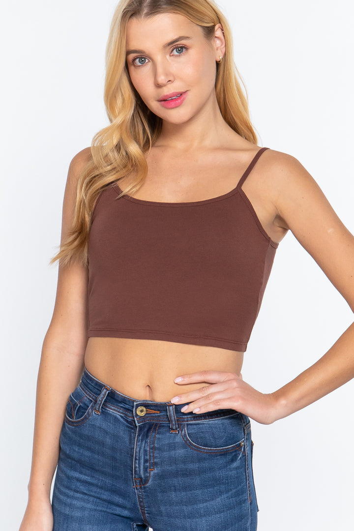 Round Neck with Removable Bra Cup Cotton Spandex Bra Top in Sepia