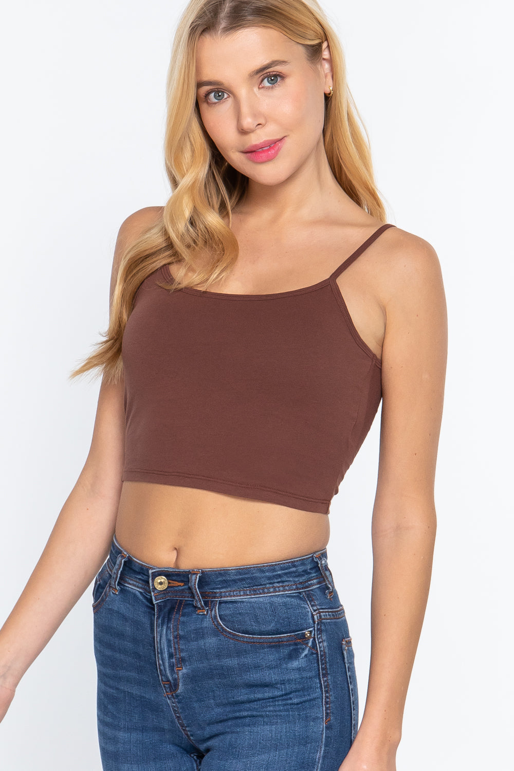 Round Neck with Removable Bra Cup Cotton Spandex Bra Top in Sepia