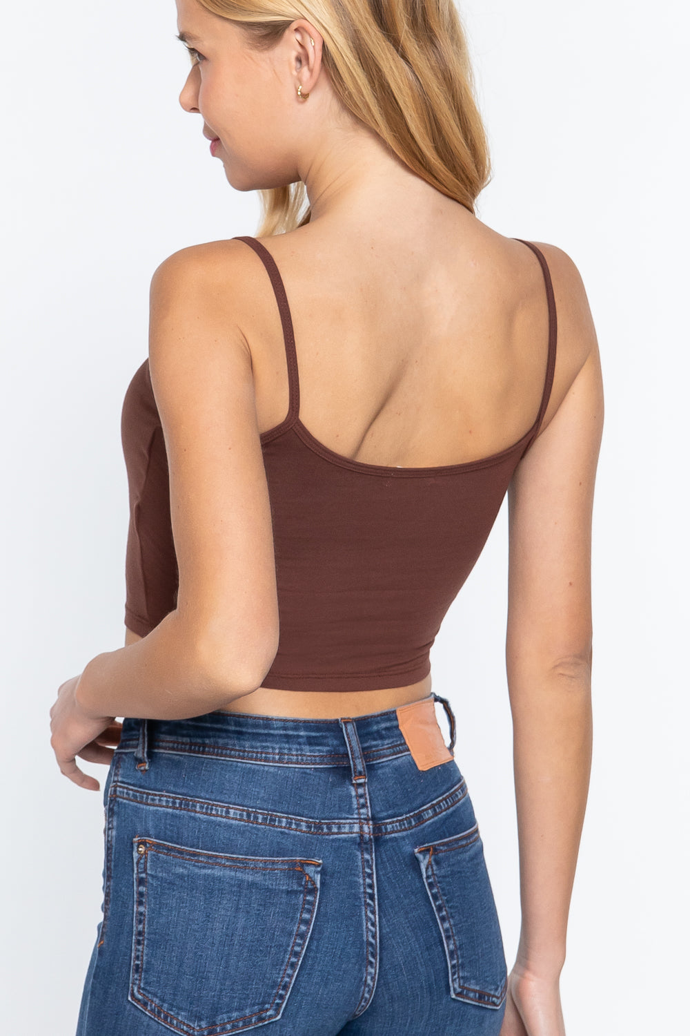 Round Neck with Removable Bra Cup Cotton Spandex Bra Top in Sepia