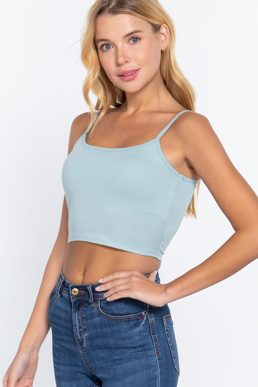 Round Neck with Removable Bra Cup Cotton Spandex Bra Top in Sky Mint