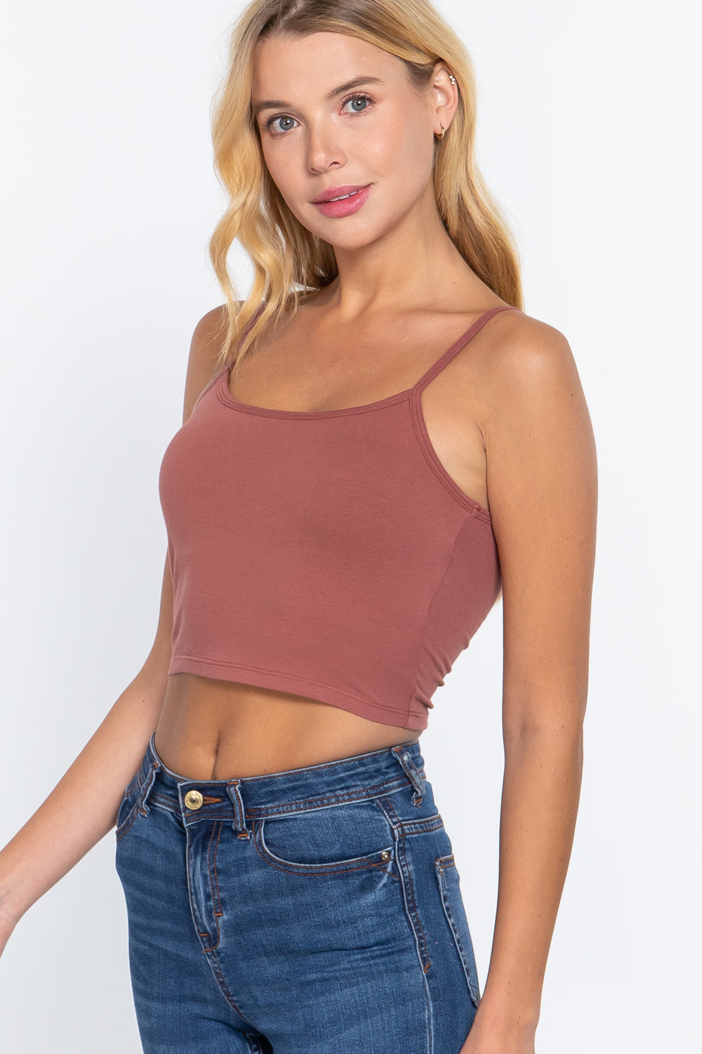 Round Neck with Removable Bra Cup Cotton Spandex Bra Top in Terracotta